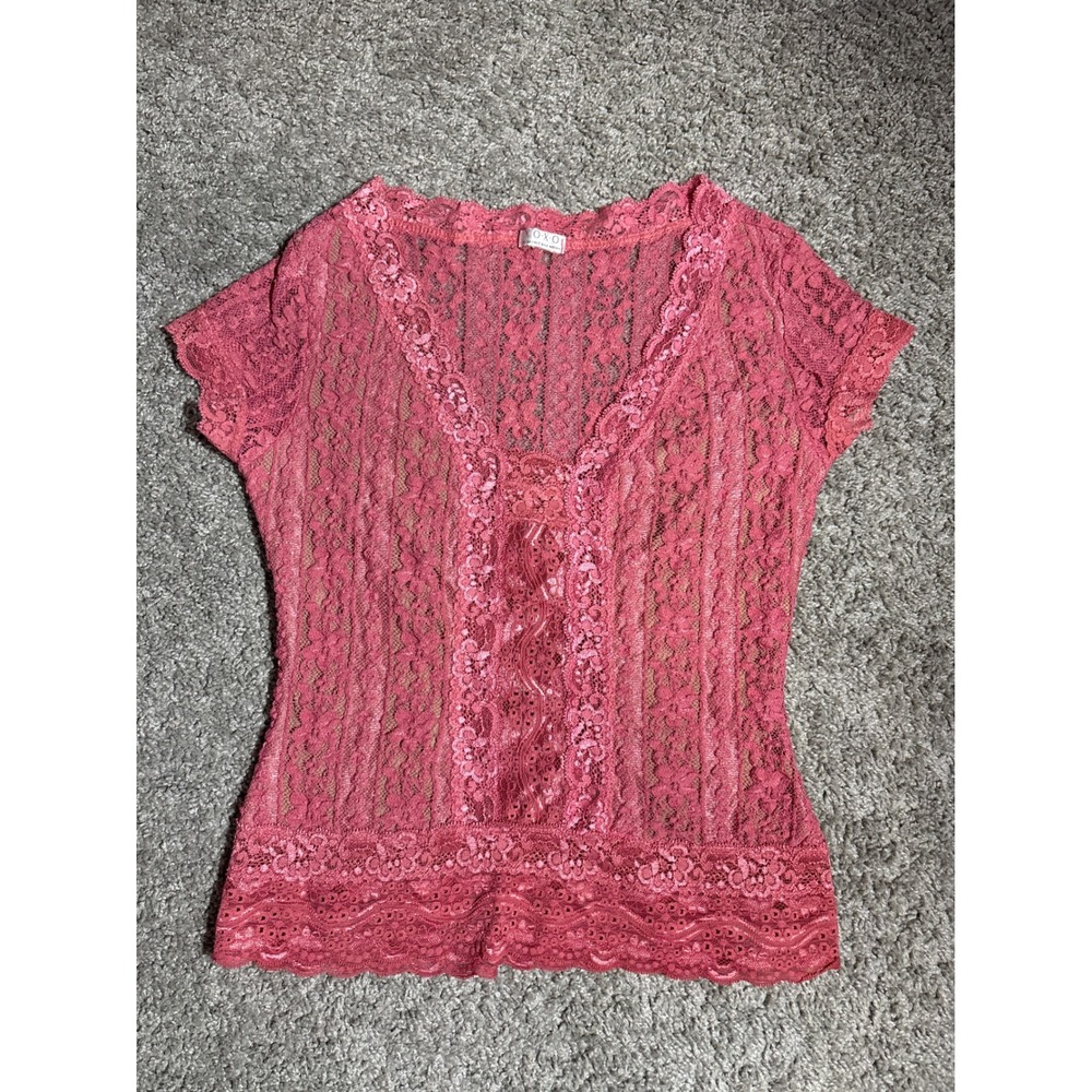 XOXO Vintage Pink Sheer Floral Lace V-Neck Cap Sleeve Top Y2K Coquette Medium